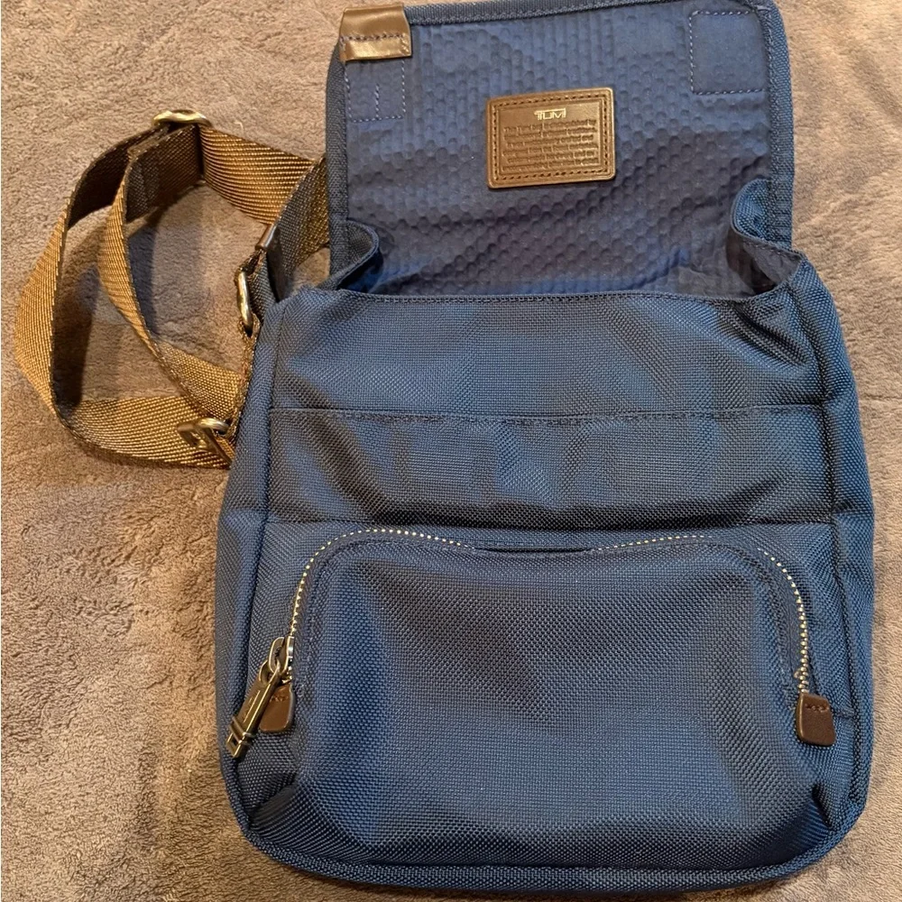 Tumi Blue Messenger Bag with Brown Trim
